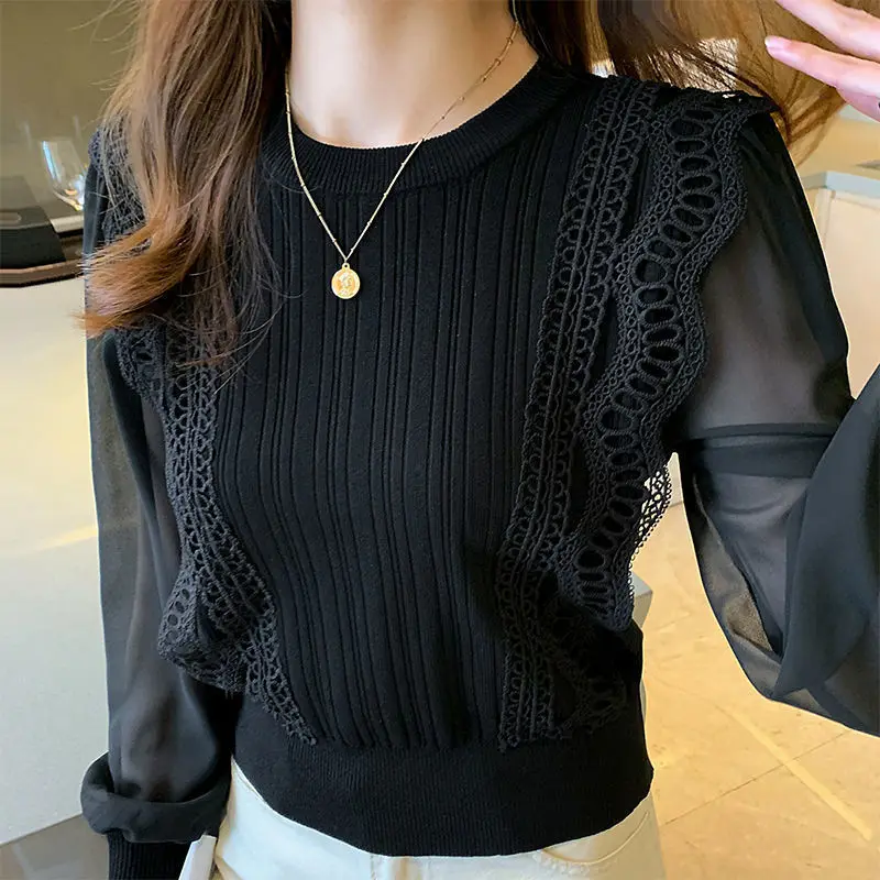 Women\'s Autumn Winter Fashion Elegant Solid Round Neck Pullover Gauze Splice Casual Versatile Bubble Sleeve Loose Chiffon Tops