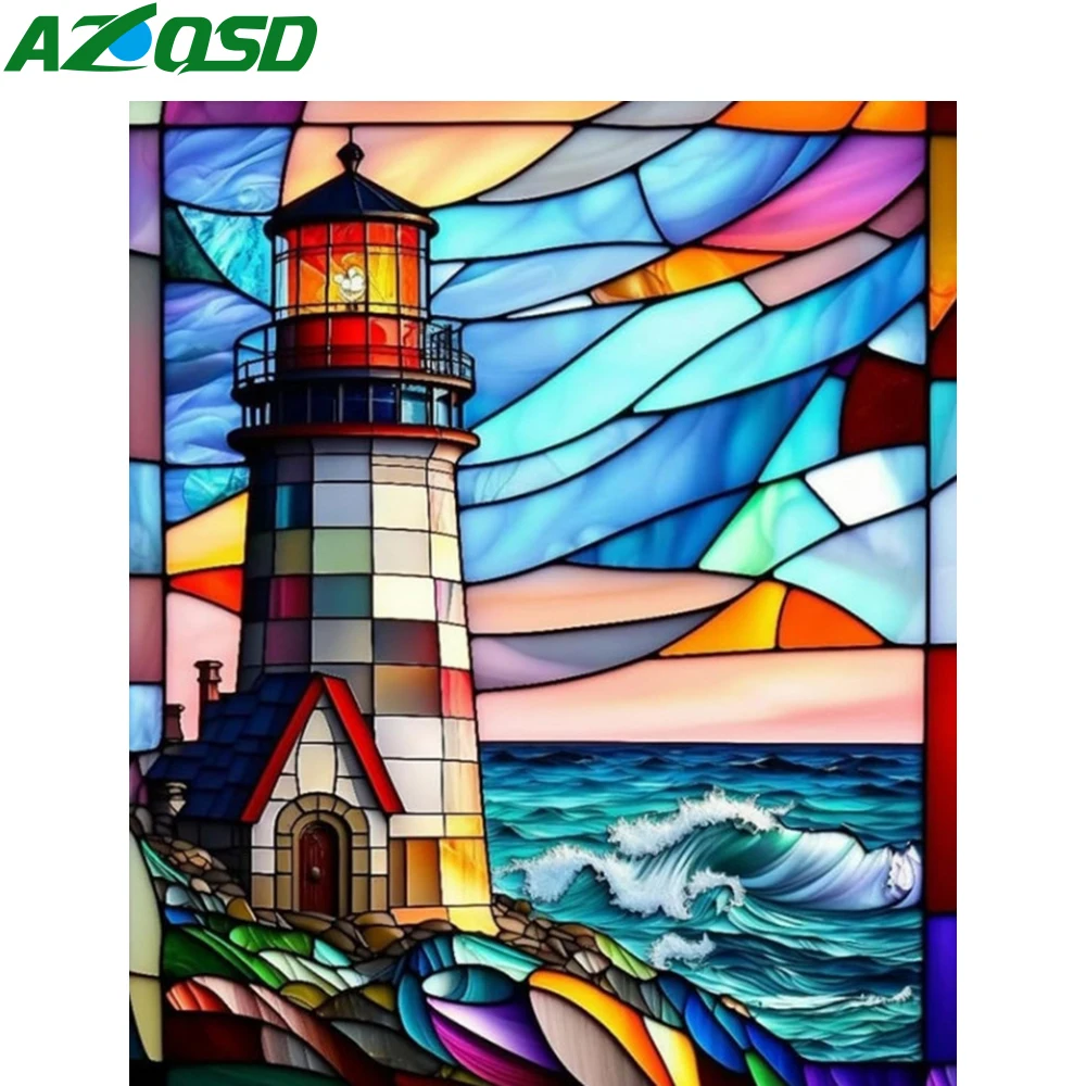 AZQSD 5d Diy Diamond Painting Lighthouse Landscape Needlework Embroidery Seaside Gift Rhinestones Handmade Home Decor