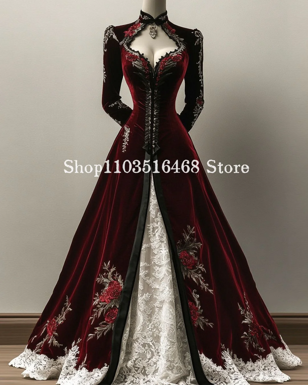 Maßgeschneidertes Burgunderrotes Vintage Viktorianisches Abendkleid Samt Besticktes Spitzen-Ballkleid für Besondere Anlässe Langärmeliges Abendkleid