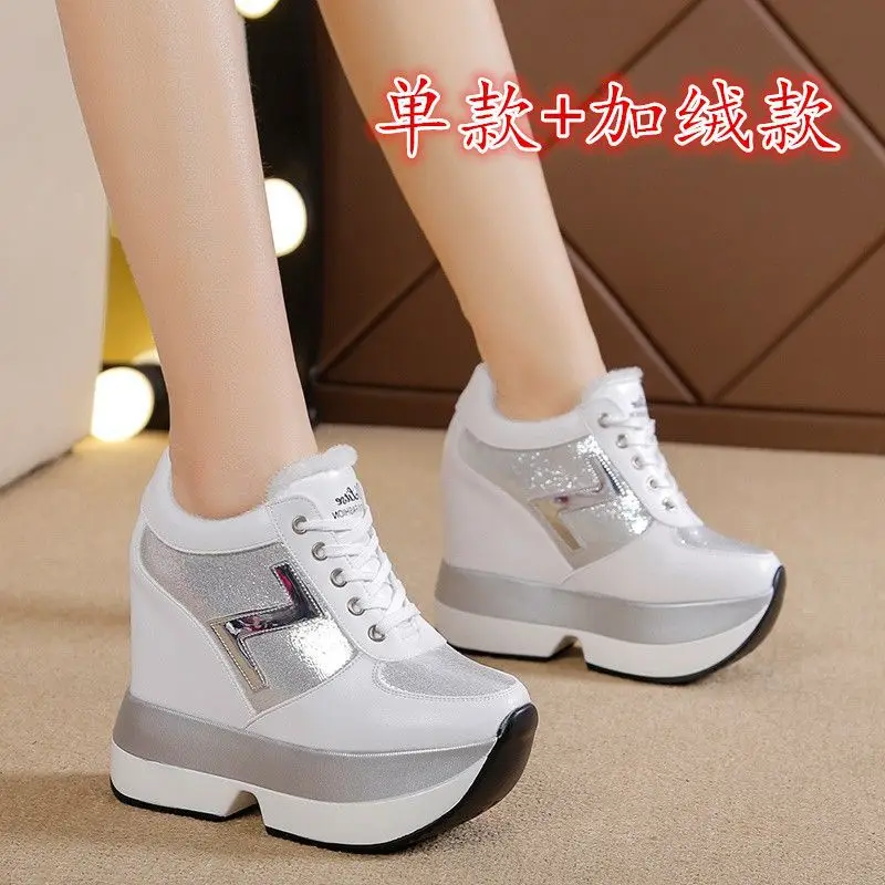 

Height-Increasing White Sneakers Thick-Soled Korean Version Versatile Casual Shoes 12cm Ultra High Heel Women's Single Shoes