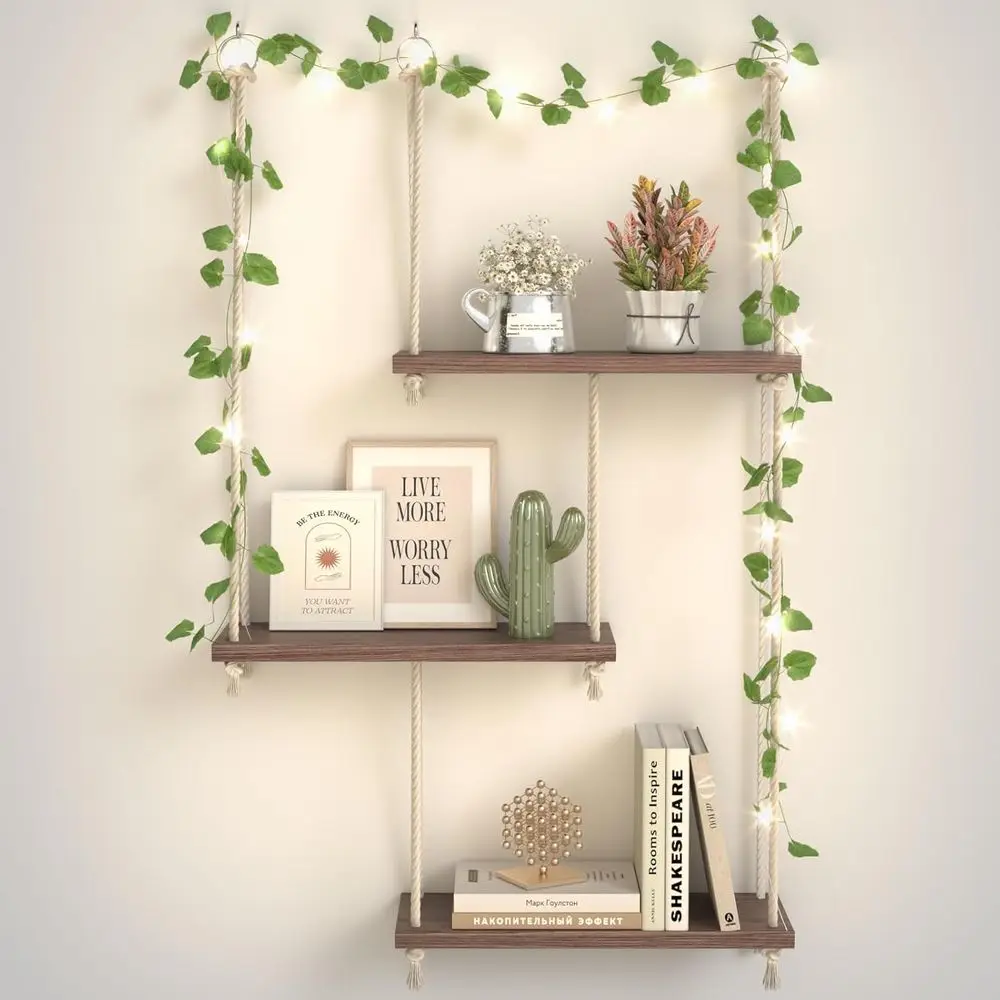 3-Tier Rustic Brown Rope Wall Hanging Shelf with Vine Lights for Boho Decor and Succulents
