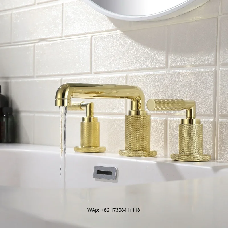 

Modern mixer double handle hot and cold washbasin faucet PVD gold deck mounted bathroom sink faucet brass faucet bathroom