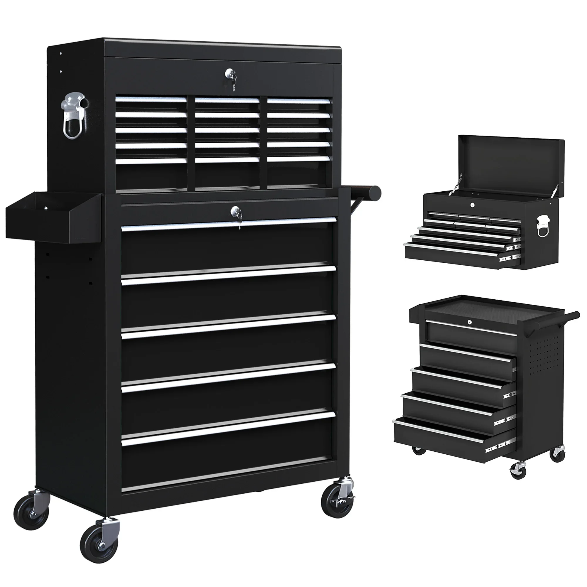 HOMCOM Mobile Tool Trolley with 14 Drawers, Lockable Steel Tool Storage Cabinet for Garage Workshop