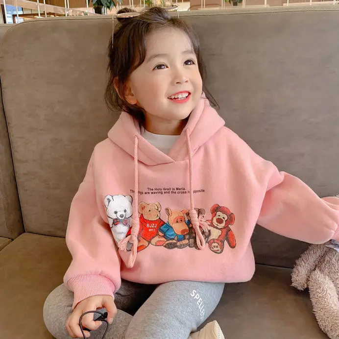 

Girls' Autumn and Winter Clothes New Children's Fleece-Lined Sweater Hooded Baby Girl T-shirt Thickened Kids' Tops