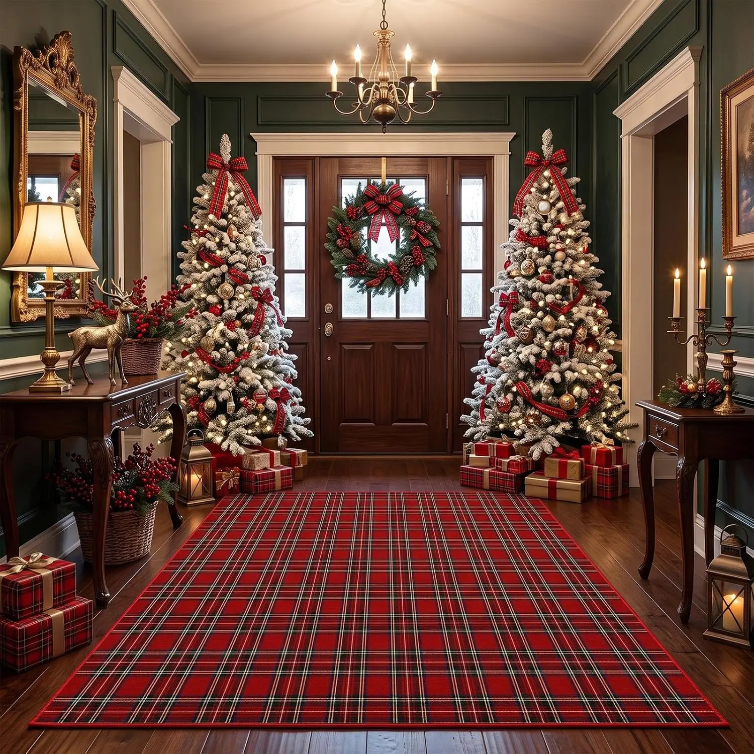 Large 8x10 Christmas Area Rug Red Buffalo Tartan Plaid Carpet Washable Non Slip Throw Rug for Living Room Entryway Home Decor