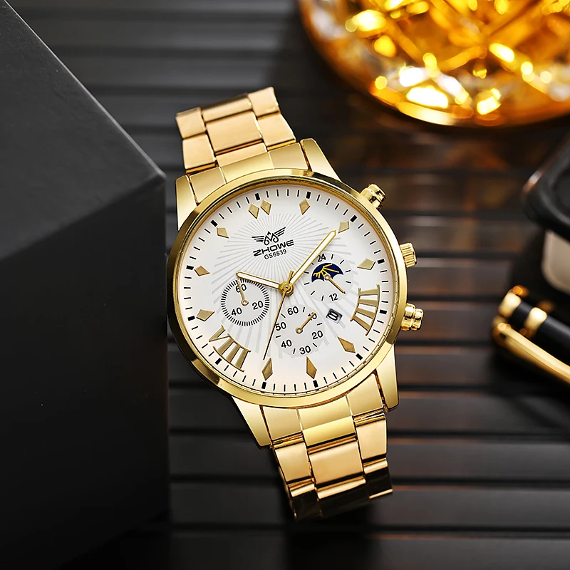 Men Complete Calendar Watch 2024 New Fashion Golden Stainless Steel Quartz Clock Analog Male Casual Wristwatch Relogio Masculino