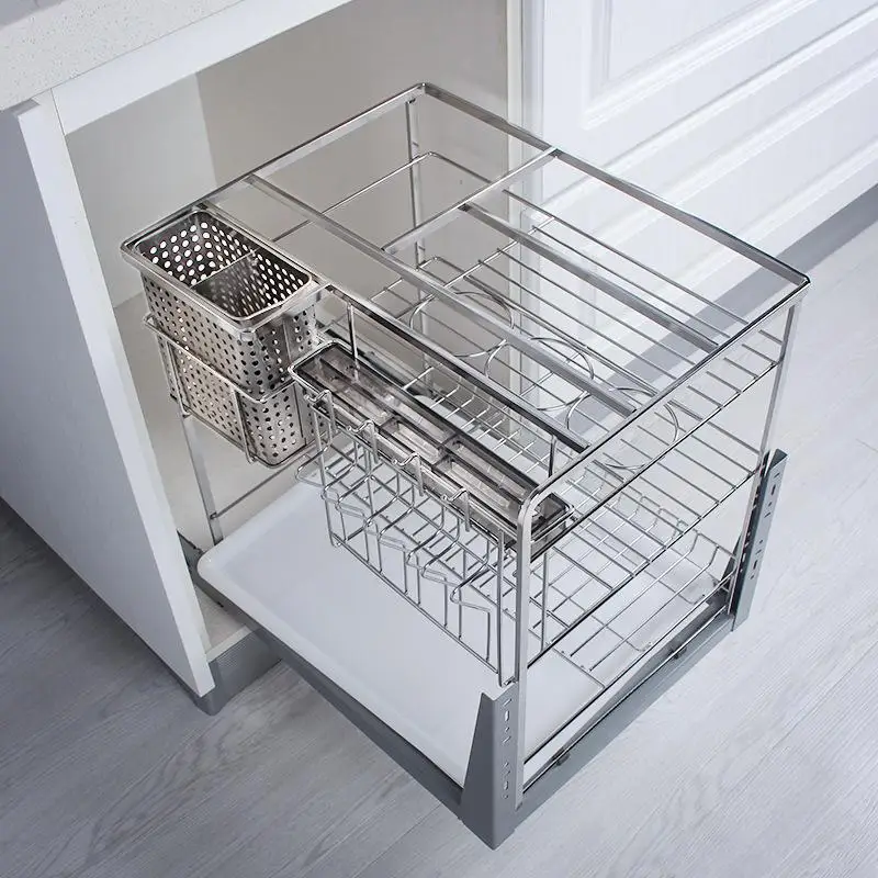 

Seasoning Basket 304 Stainless Steel Kitchen Cabinet Mulit-Layer Drawer Style Built-In Slide Buffer Rail Storage Rack