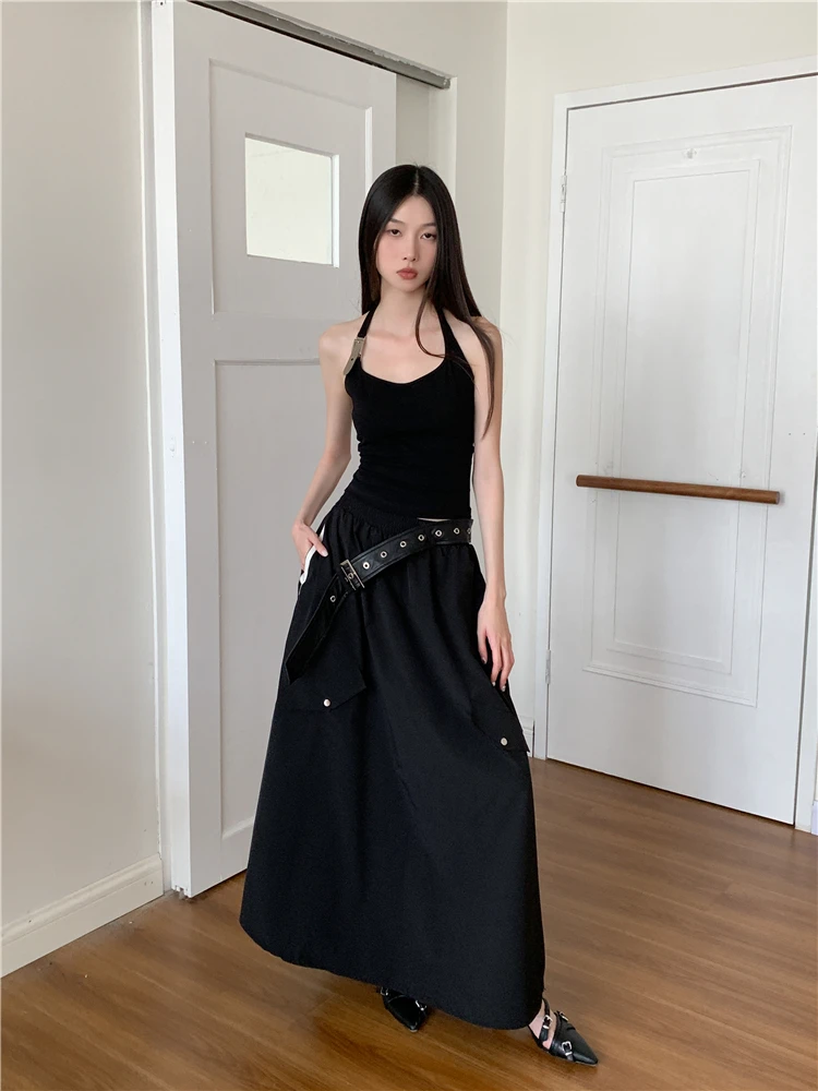 REDDACHiC Women Black Top Skirt 2-piece Set Solid Retro Y2k Sleeveless Halter T-Shirt Belt A-line Parachute Cargo Skirt Workwear