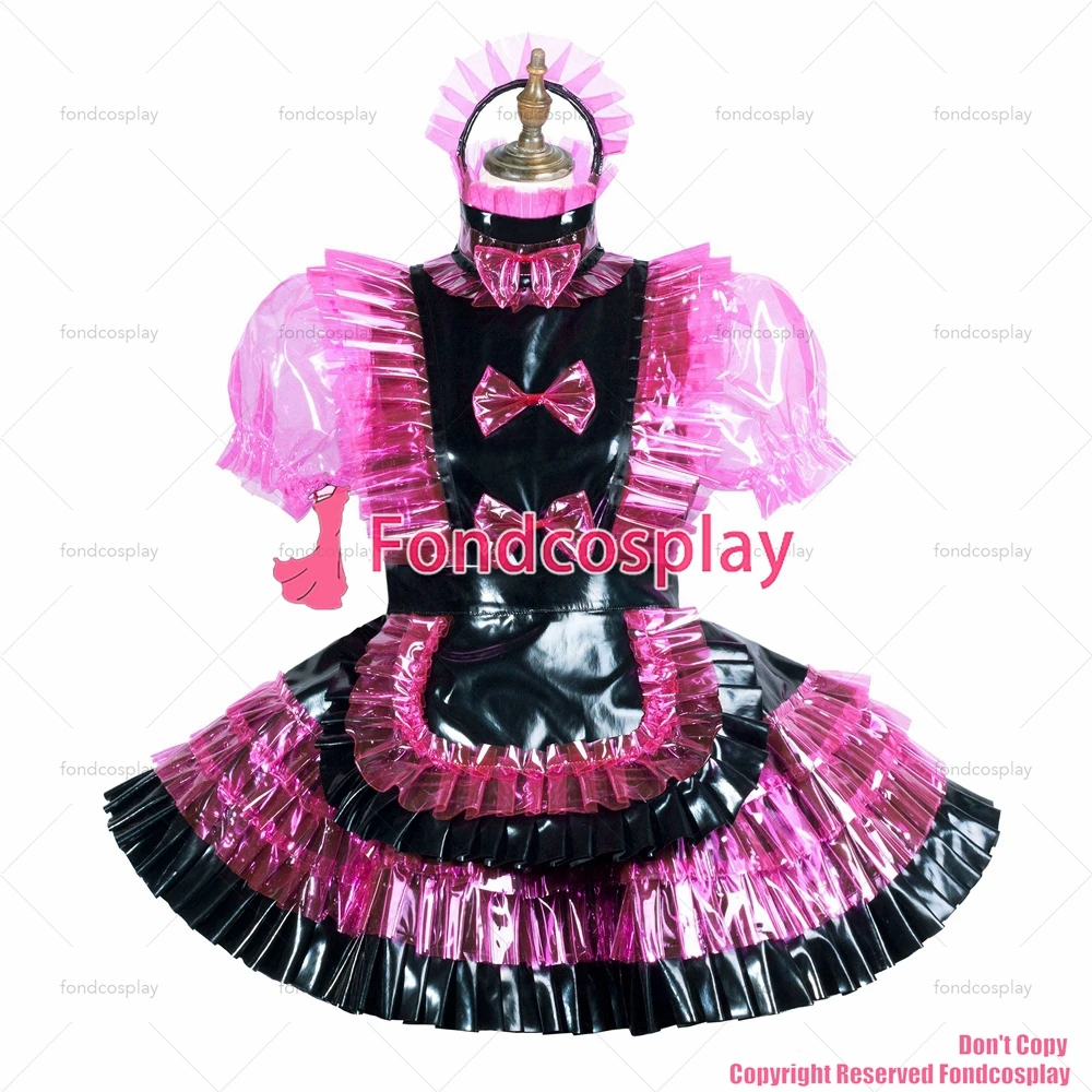 Fondcosplay dorosły seksowny strój krzyżowy sissy maid zamykany gorący różowy przezroczysty PVC sukienka fartuch winylowy unisex CD/TV [G3818]