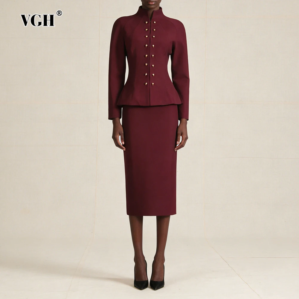 VGH Solid Vintage Dignified Two Piece Sets For Women Stand Collar Long Sleeve Top High Waist Skirt Temperament Set Female New