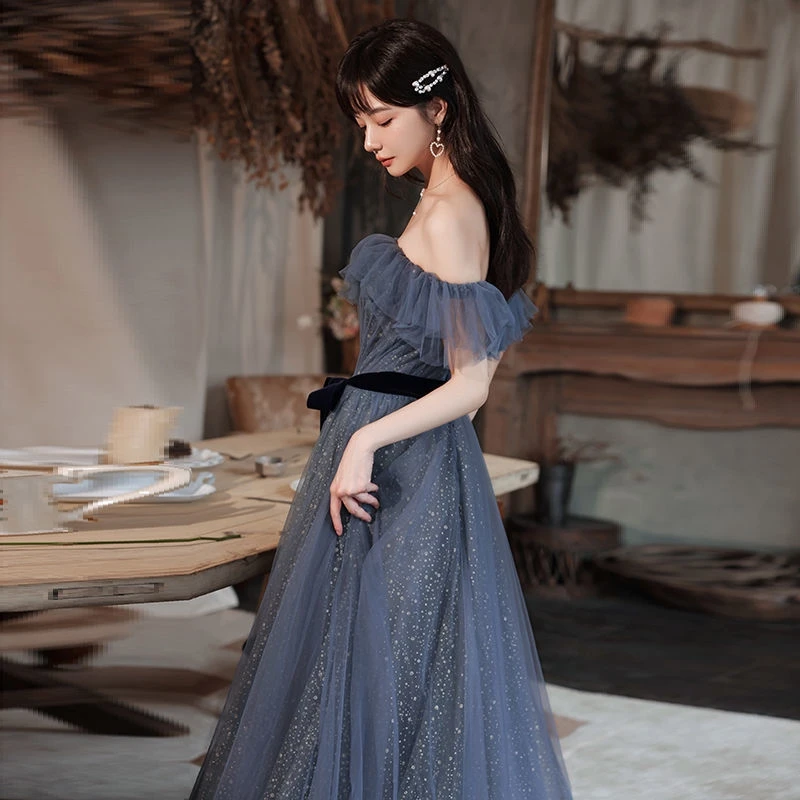 Off Shoulder Evening Dresses Women\'s Elegant Ruffle Shiny Sequins Lace Up Bow Floor-length A-line Wedding Party Bridesmaid Gown