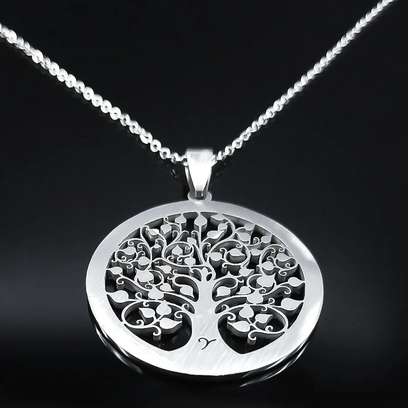 Tree of Life Crystal Stainless Steel Statement Necklace Women Silver Color Necklace Jewelry Christmas Gift collar mujer N49S03
