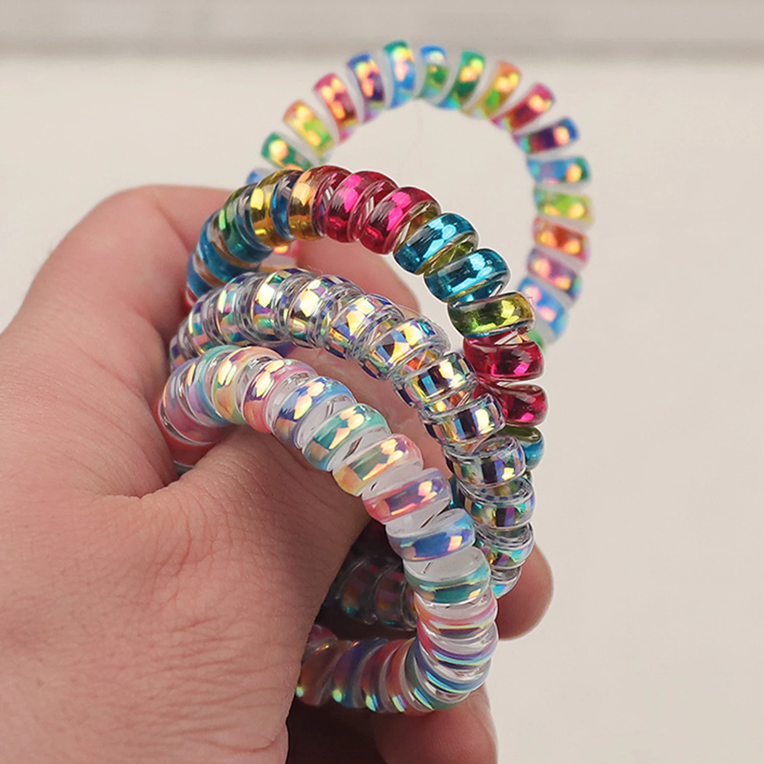 1PC Holographic Coil Wire Hair Tie Rainbow Color Spiral Telephone Line Hair Ring Elastic Hair Bands For Girls Hair Accessories