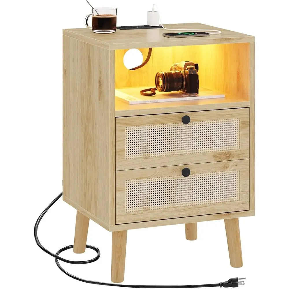 

Rattan Nightstand with USB Charging, LED-lit Wood End Table, Handcrafted Rattan Decor for Bedrooms