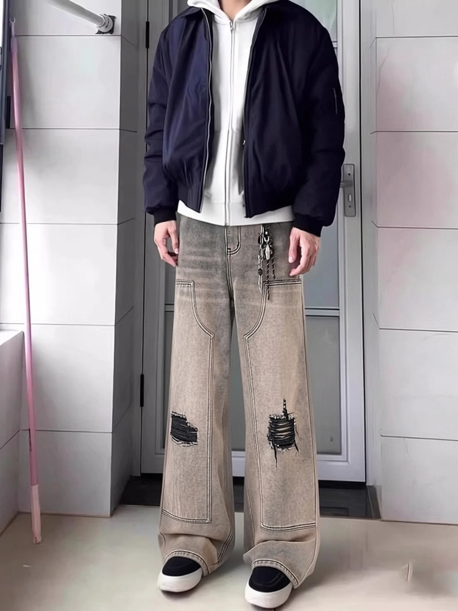 

Men's Mud Yellow Ripped Knife Jeans Spring Heavy Duty Workwear Wide Leg Pants American High Street Vibe Casual Straight Cut L...