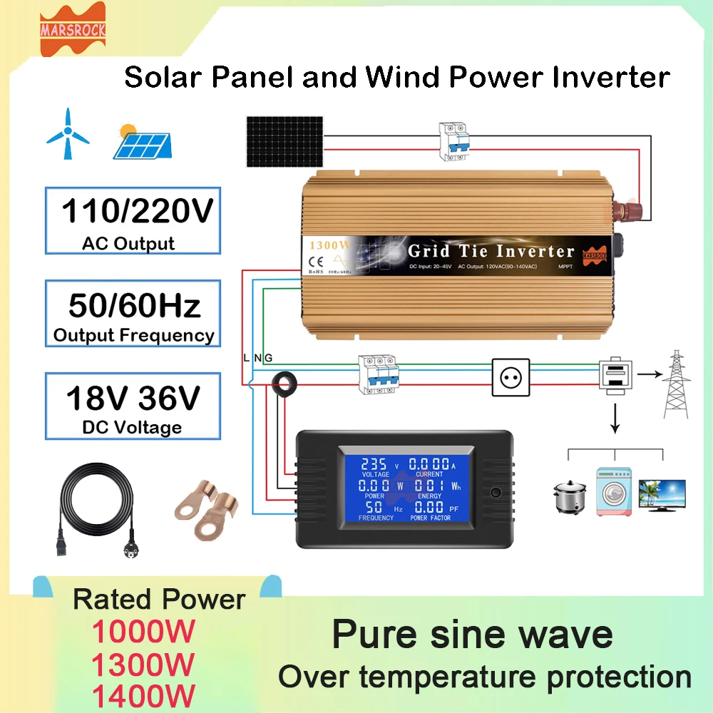 MPPT 1300W Grid-tie Micro Converter Pure Sine Wave 18/36V DC to 110/220V AC For Solar Panel Or Wind Generator System Inverter
