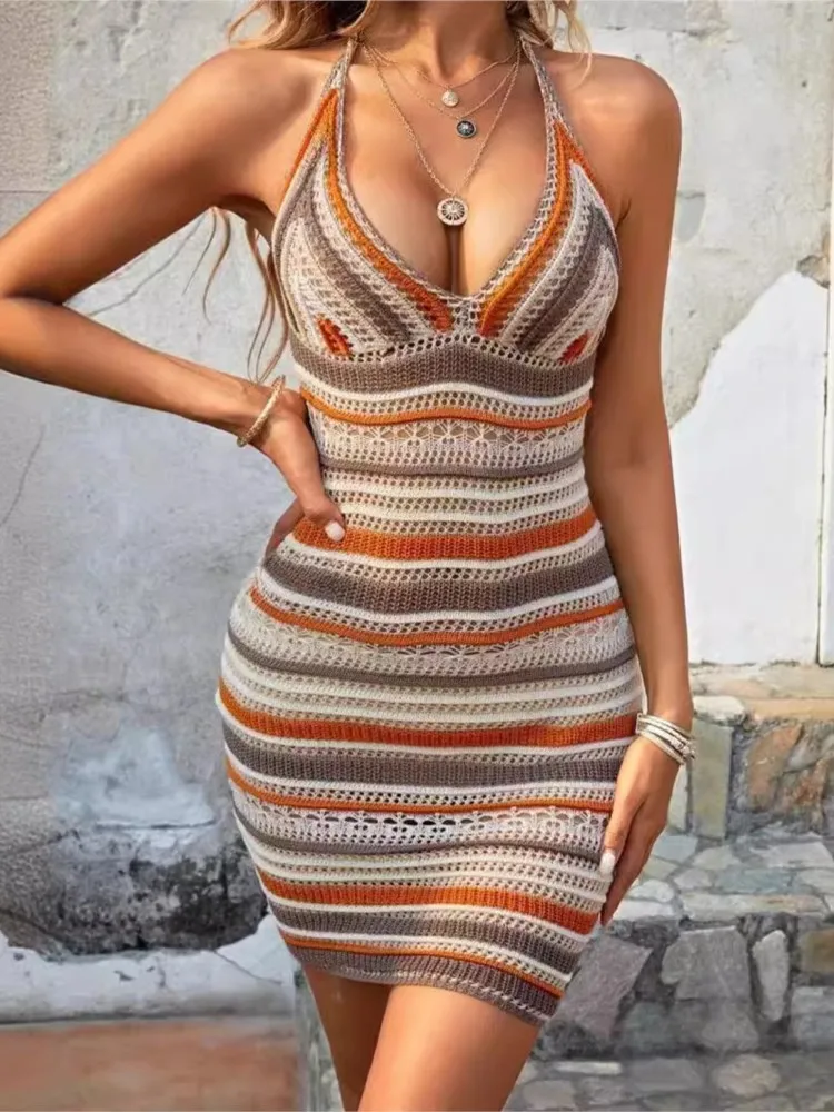 

Dress Halter Neck Short Skirt Deep V Sexy Backless Knitted Sweater Suspender Vestidos Vacation Sexy Simple Style Color Colorful