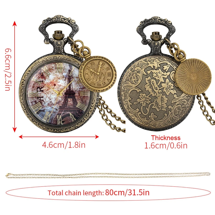 Transparent Glass Eiffel Tower Dial Design Quartz Pocket Watch Roman Numbers Display Pendant Clock Necklace reloj with Accessory