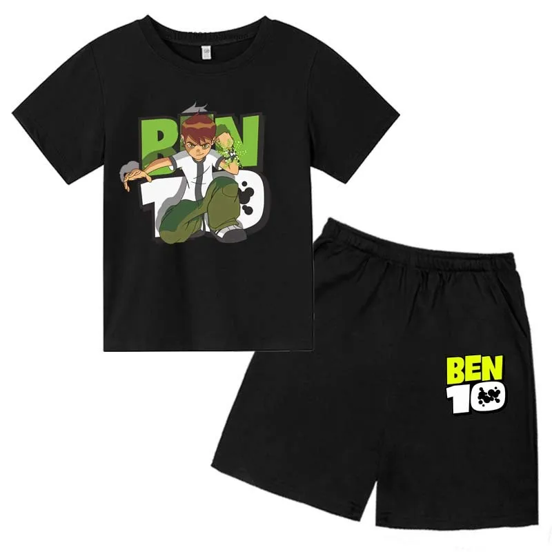 Kids Cartoon Ben Tennyson 10 Print Summer 2pcs Breathable Tees+Shorts Sports Suits 2-13Years Boys Girls Outfits Children Clothes