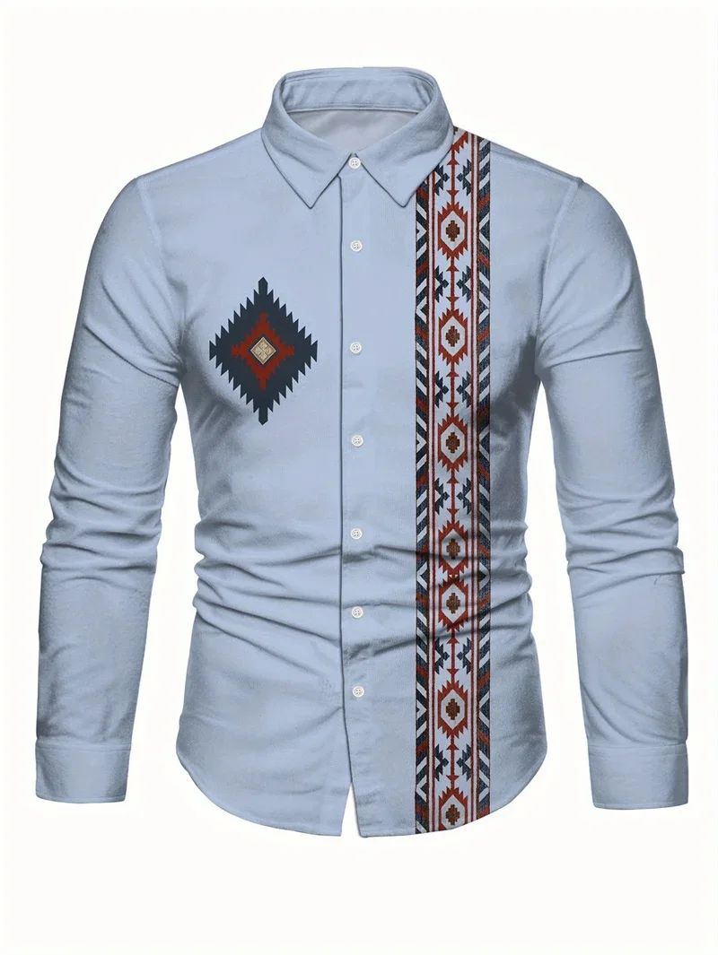 Men's dark ethnic pattern 3D printed long-sleeved lapel dress shirt simple business casual office party high-end clothing men's