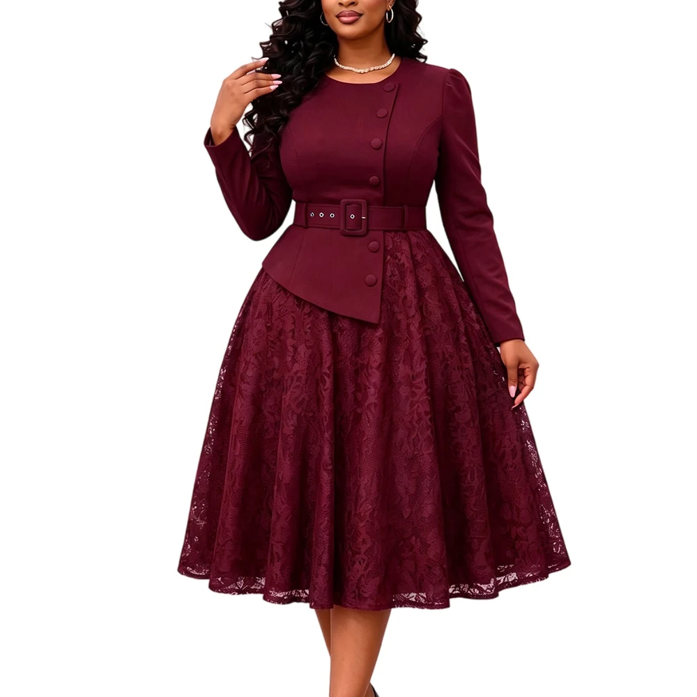 JENYAGE Damen Einfarbiges, schlichtes, langes Kleid mit Rundhalsausschnitt, Gürtel, Peplum-Spitzenrock, A-Linie, formelles Kleid für Hochzeitsgäste und Partys – Detail 9