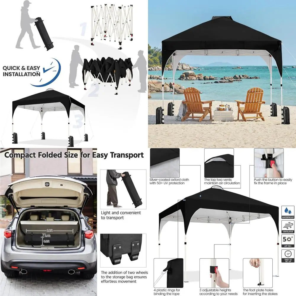 

Палатка с мгновенным навесом 10x10 с вентиляционным отверстием, простая установка, сумка на колесиках, 4 мешками с песком, 12 кольев, уличное укрытие от солнца