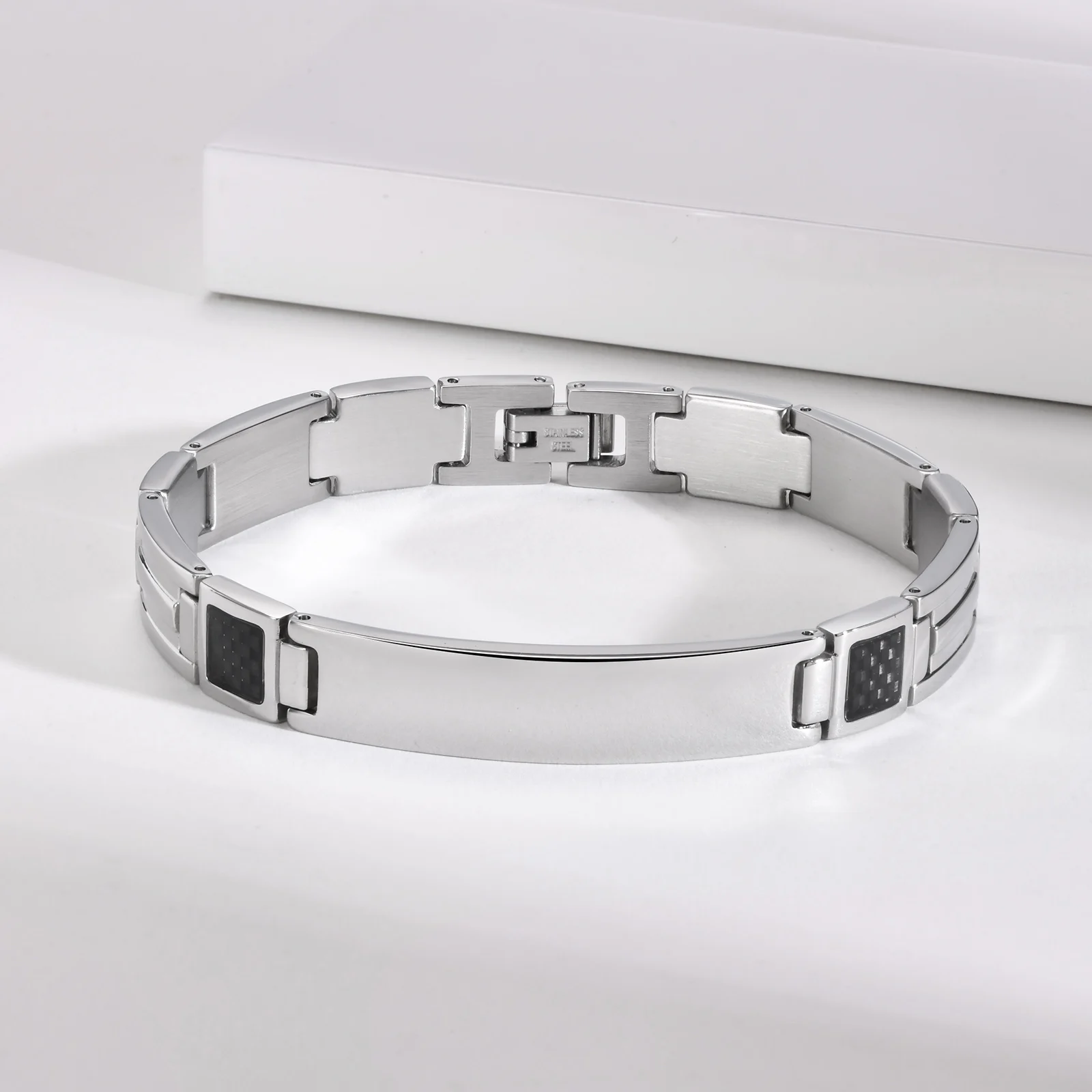 Stylish Waterproof Mens Bracelets,Free Engrave Carbon Fiber ID Tag Wristband,Trendy Jewelry Gifts to Dad Husband