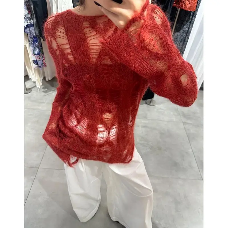 Red Hollowed Out Knitted Top Spring and Autumn New Style Versatile for Spicy Girls Knitted Sweater Sweater Inner Outfit