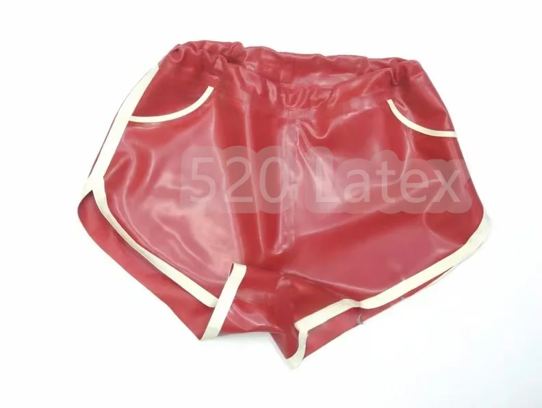 Handmade Red  With White Trim Latex Woman Jeans Shorts Female Rubber Gummi Underpant With Pockets Front Zipper Daily Wear