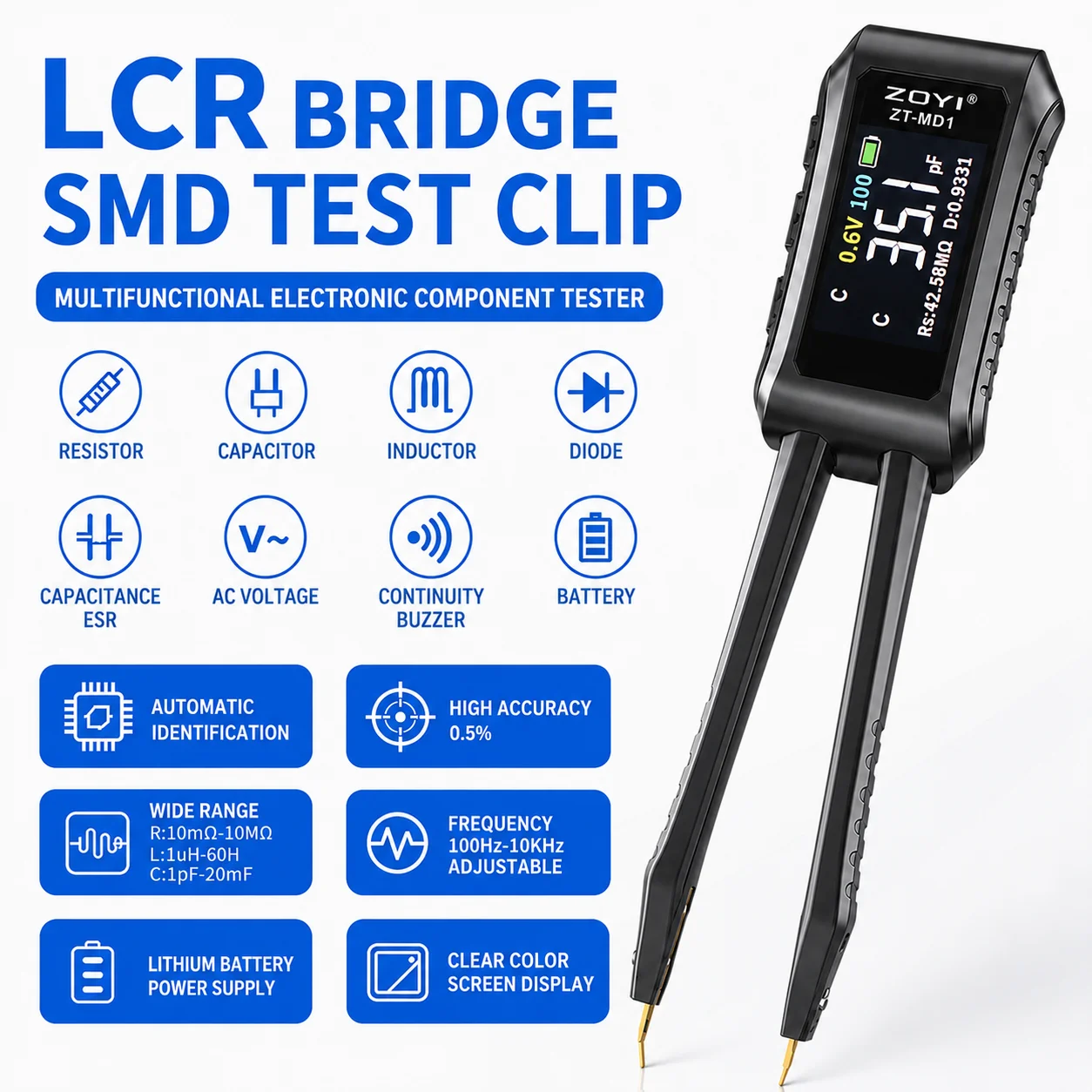 ZOYI ZT-MD1 Smart Tweezers LCR/ESR Tester for SMD Measure R C L ESR Continuity Diode Portable Repair DIY Tool