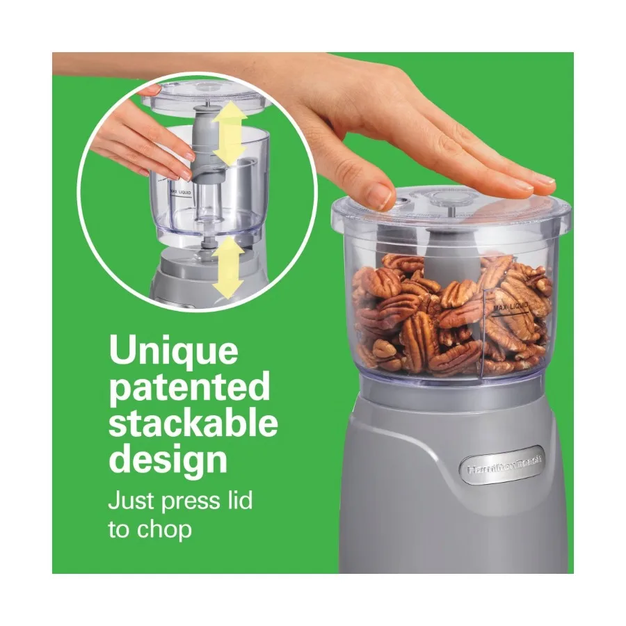 3‑Cup Stack & Press Gray Food Chopper, Compact Vegetable Processor, Dishwasher‑Safe Parts, 72740