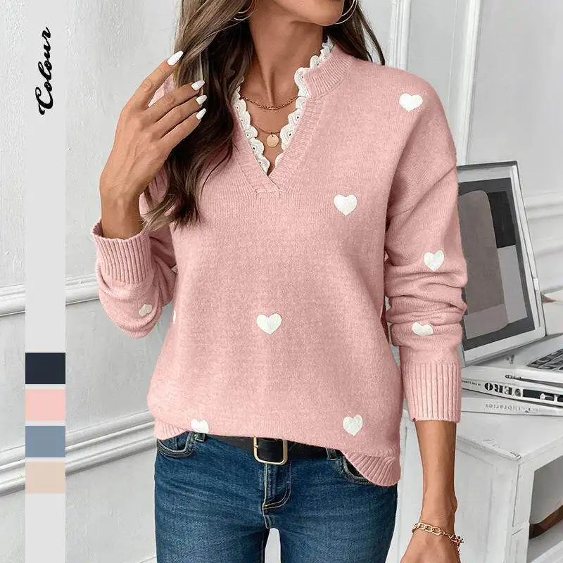 Love Heart V-Neck Knitwear Women's Fashion Casual Style Mid-Thick Long Sleeve Sweater for Date Valentine's Day Autumn Winter