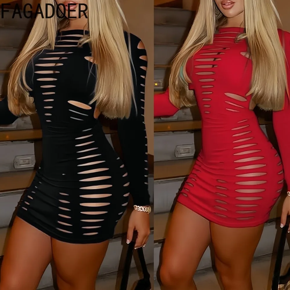 

FAGADOER Sexy Hollow Out Patchwork Bodycon Dresses Women Solid Color Long Sleeve Dress Female Party Clubwear Vestidos 2025 New