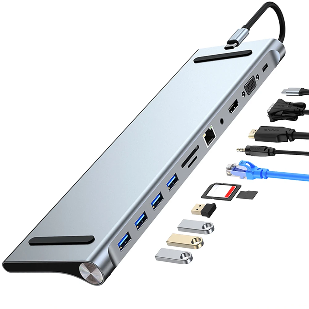 

Концентратор типа C 11 в 1 с многопортовым адаптером VGA Ethernet 4K HDMI, 100 Вт PD SD/TF Audio для Surface/HP/Dell/Lenovo/MacBook