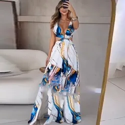 Dress Women Floor Length Dresses Long V Neck Sleeveless Sexy Print Elegant Maxi Hollow Out High Waist Party Beach Vestidos