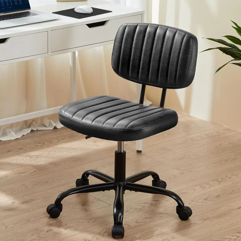 Small Office Desk Chair with Wheels Armless Comfy Computer Chair with Lumbar Support, PU Leather Low Back Adjustable