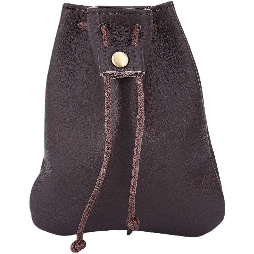 Cowhide Coin Wallets Drawstring Storage Bags with Cord Coffee 11.9x10.2x0.8cm