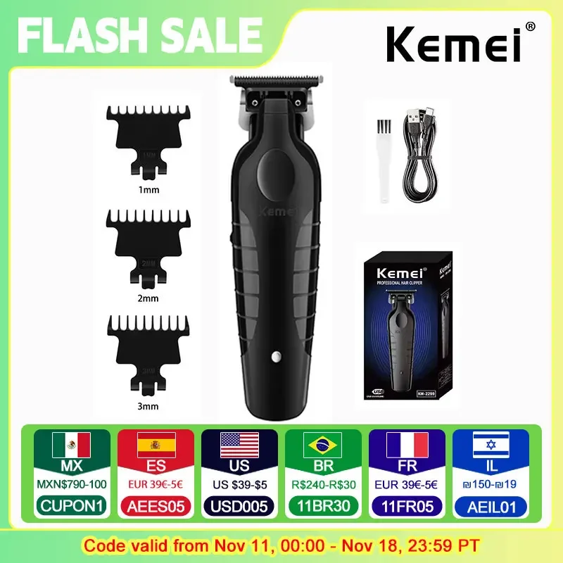 Kemei 2299 Barber Cordless Hair Trimmer 0mm Zero Gapped Carving Clipper Detailer Professional Electric Finish Cutting Machine