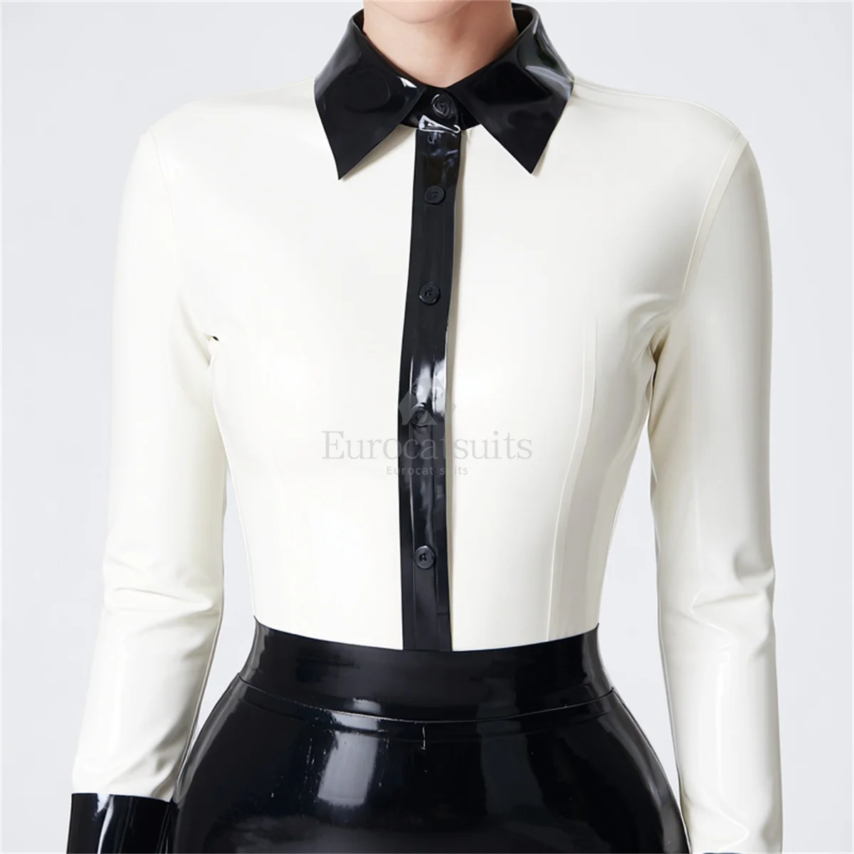 

Rubber Tops Women White Black Latex T-Shirt Turn Down Collar Button Cuffs Long Sleeve Sporty Office Suit