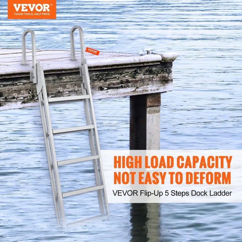 5-Step Aluminum Dock Ladder - 350lbs Capacity,-Up Design, Non-Slip Rubber Mats for Boats, Pools & Marine Use