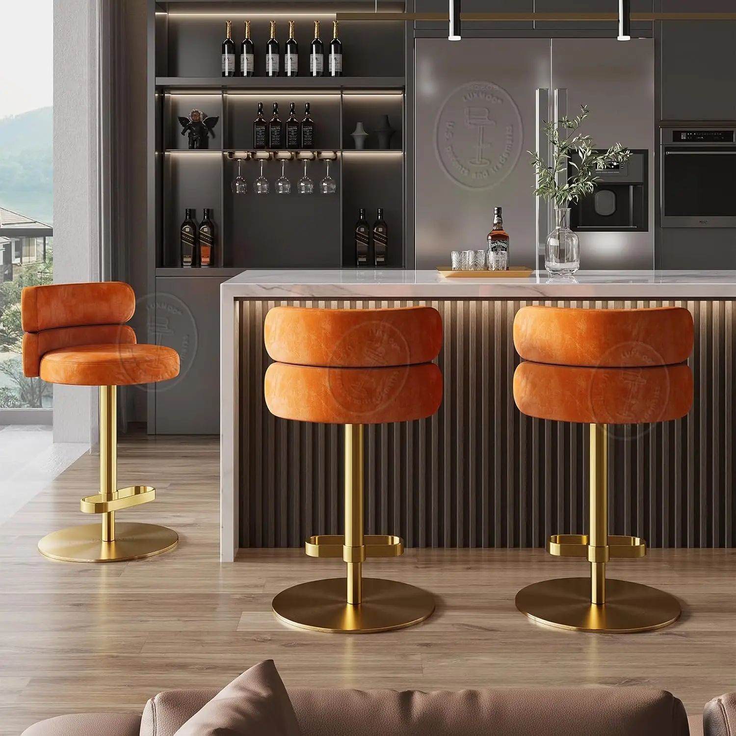 

Pink Velvet Swivel Bar Stools Set of 2 Counter Height Adjustable Gold Base Ergonomic Backrest Kitchen Dining, Customized