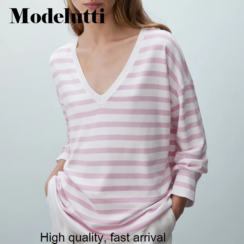 

Spring 2023 New Autumn Fashion Long Sleeve V-Neck Knitted Striped Pullovers Sweater Women Simple Casual Jumper Female