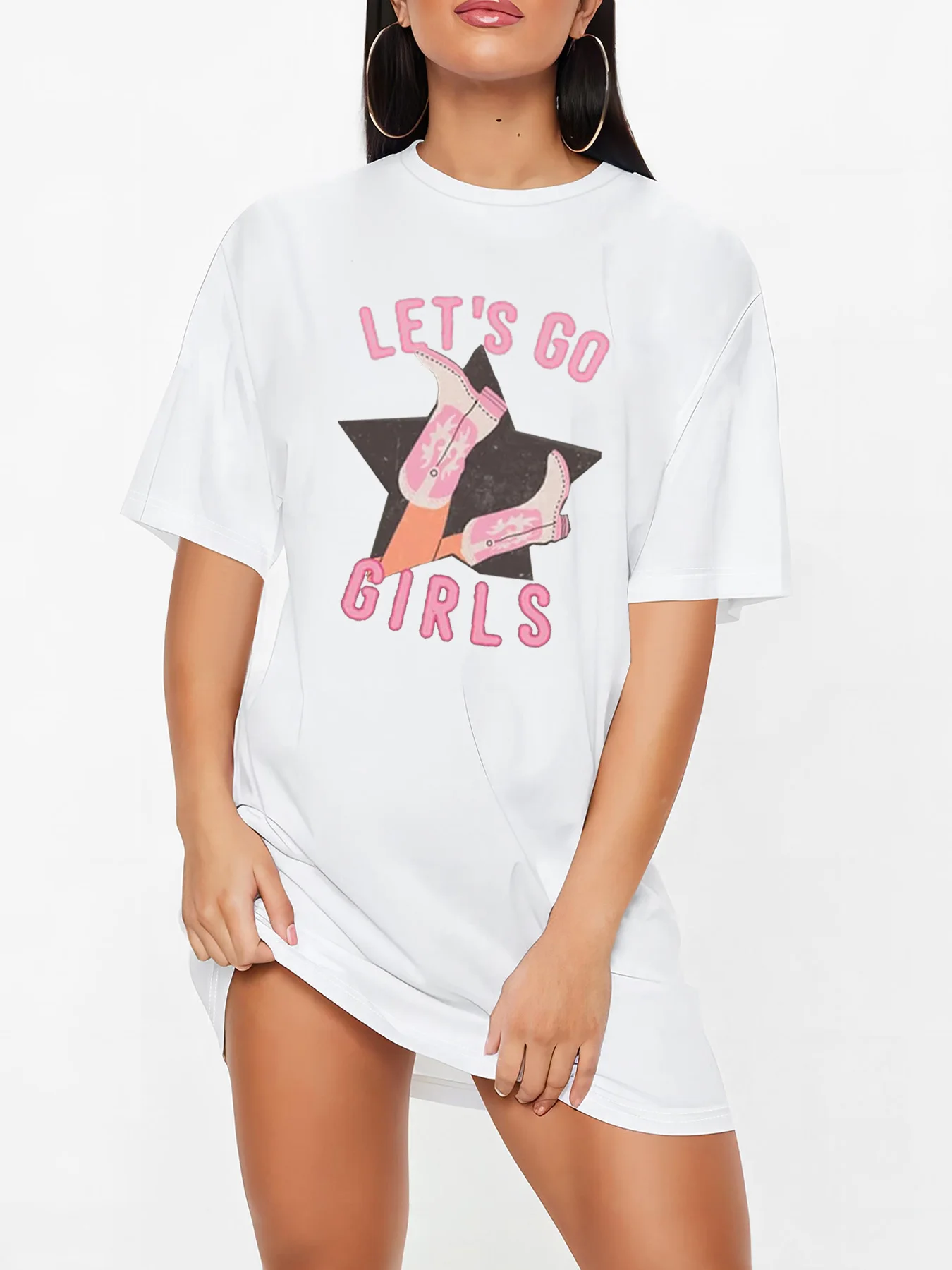 Let’s Go Girls Lettering Design Graphic Drop Shoulder T-Shirt Summer Casual Midi Fashion Dress