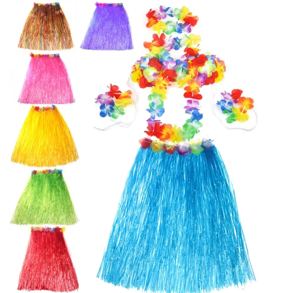 Hawaiian Luau Party Decorations Costumes Set with 60CM Length Skirt + Headwear Headband + Lei Garland + Wristbands + Bra