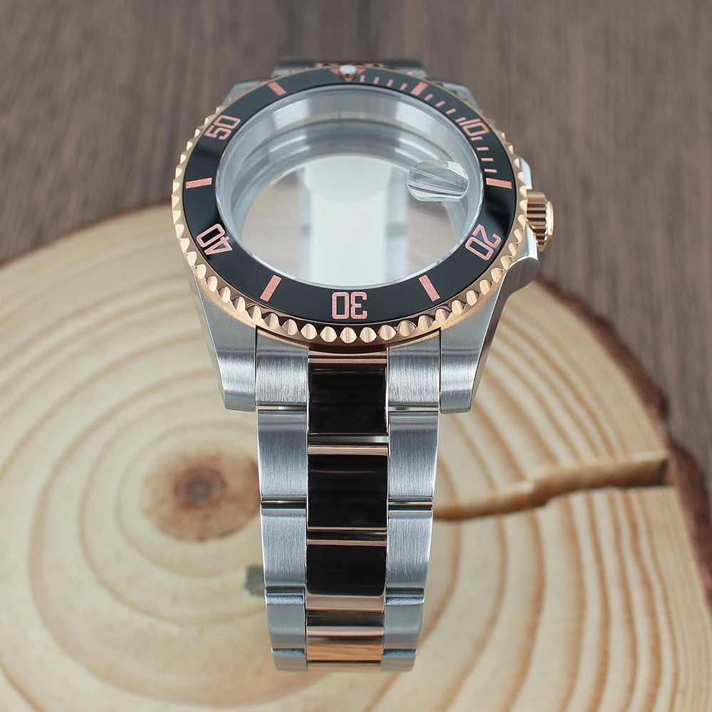 40mm Women's NH35 SUB Rose Gold Watch Case Sapphire Glass for Seiko NH35 NH36 NH38 8215 2824 PT5000 Sliding Lock Watch Bracelet