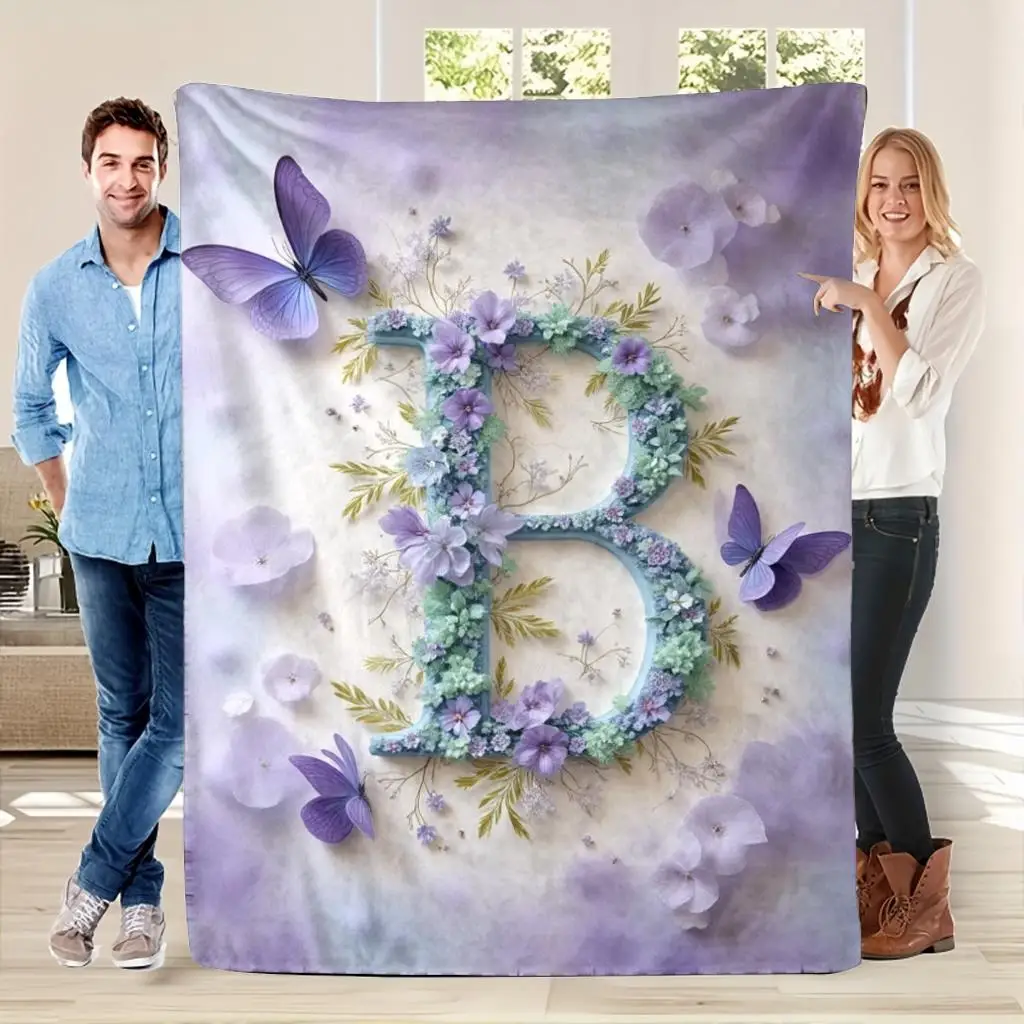 Giant Floral Initial Letter B Blanket Butterfly Purple Watercolor Throw Cozy Nursery Decor 150x200cm