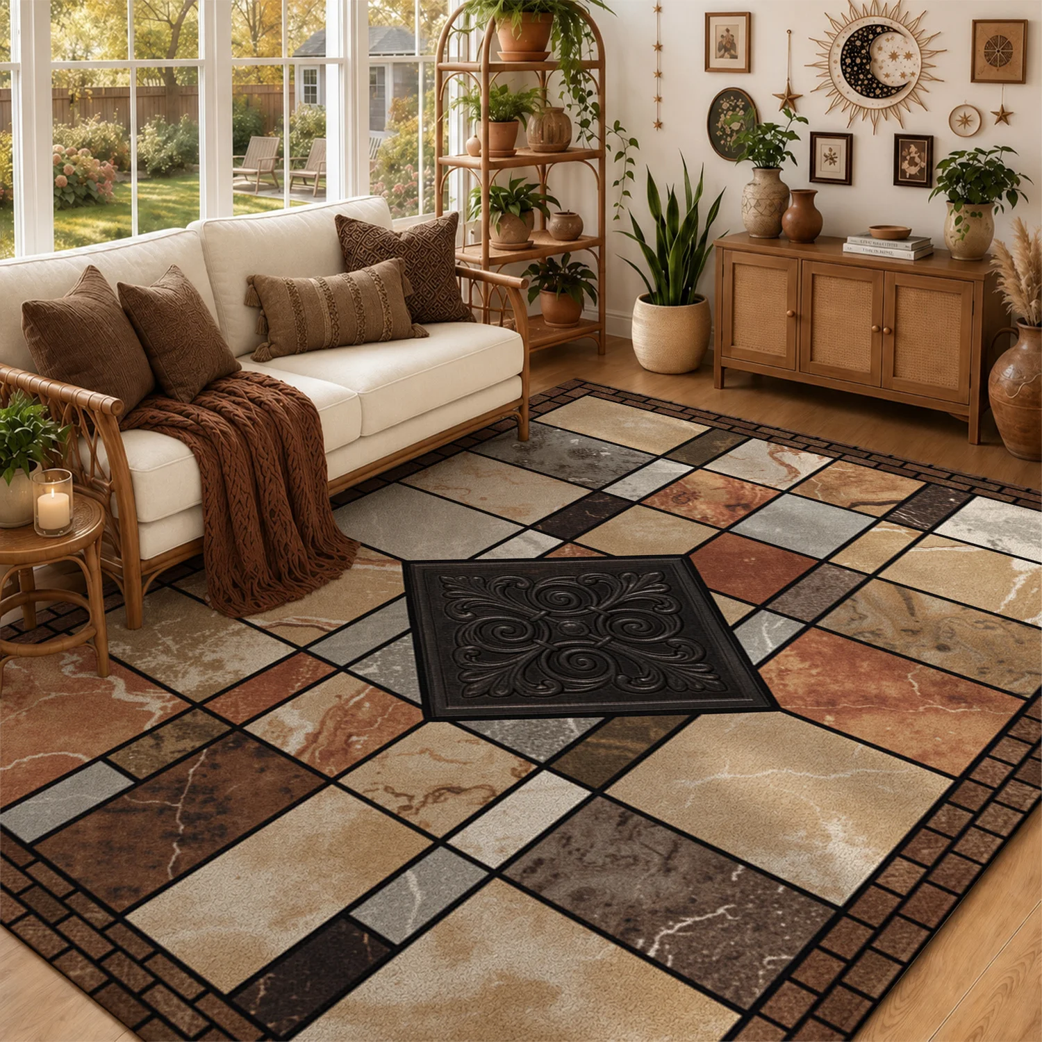 Marble Mosaic Ornate Pattern Area Rug Velvet Machine Washable for Entryway Living Room Indoor Patio Kitchen Decor Halloween Thanksgiving Christmas New Year