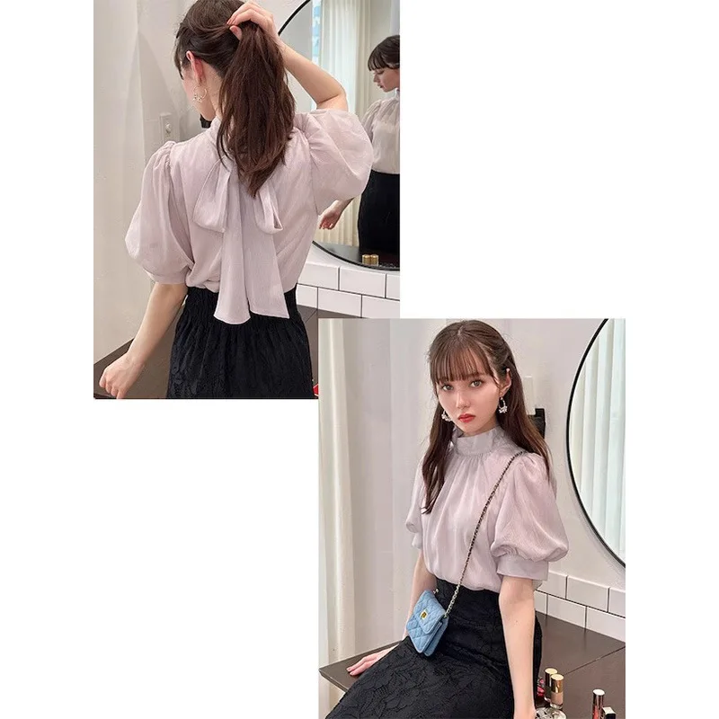 اليابانية جيراي كي جودة عالية مزاجه أنيقة قصيرة الأكمام القوس فقاعة كم الدانتيل يصل قميص لوليتا حفلة الهالوين تأثيري