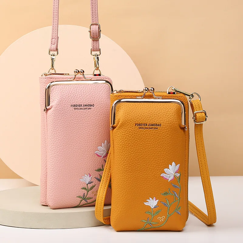 

2026 New Women's Mobile Phone Bag, Korean Style Fashion Lychee Pattern Solid Color Embroidered Crossbody Shoulder Bag