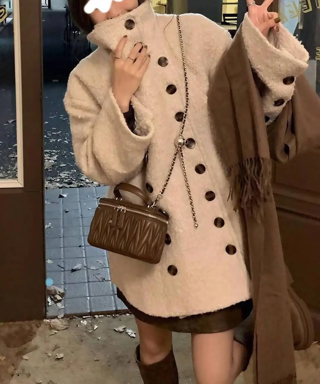 

Wool Blend Coats Womens Woolen Coat Black Women Winter Velvet Fleece-Lined Appliques Buttoned Maxi Lengthened Patchwork Sided OL